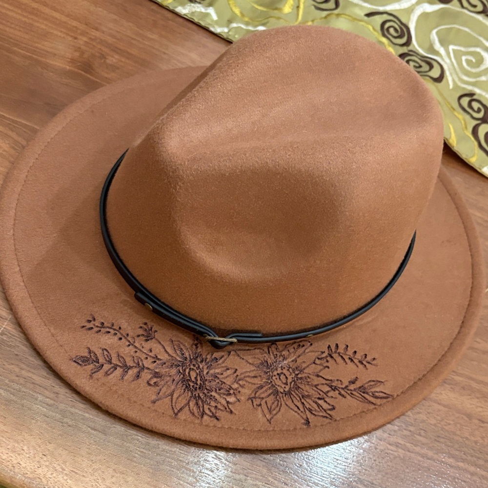 Brown Floral Embroidered Fedora Hat